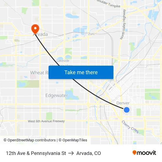 12th Ave & Pennsylvania St to Arvada, CO map