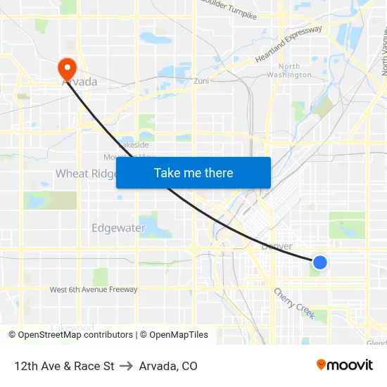 12th Ave & Race St to Arvada, CO map