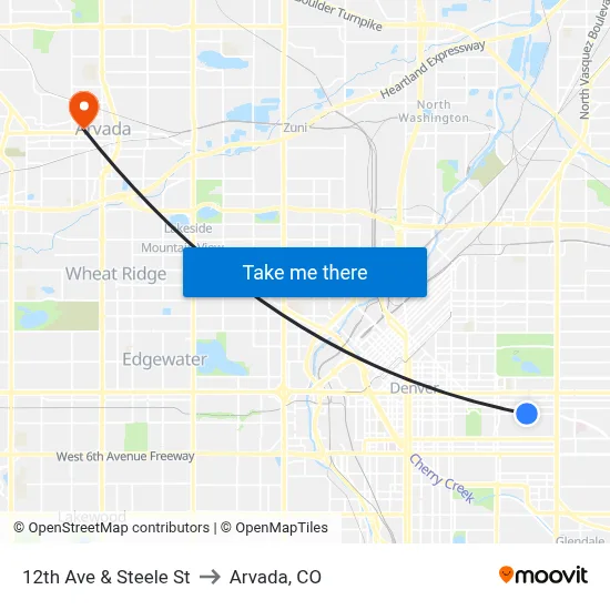 12th Ave & Steele St to Arvada, CO map