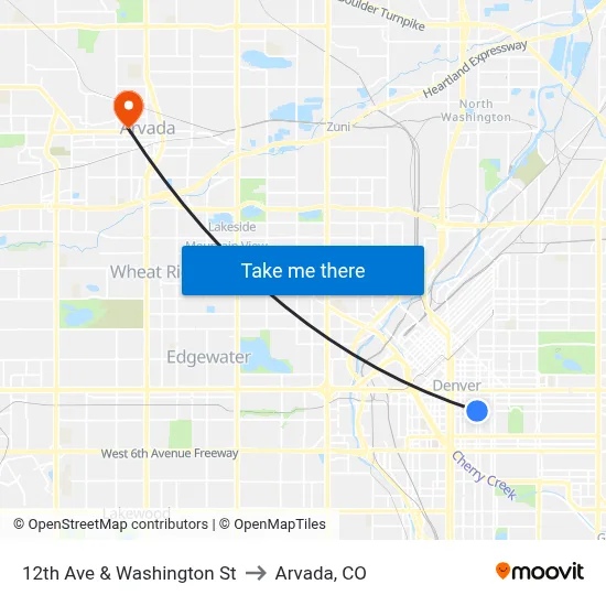 12th Ave & Washington St to Arvada, CO map