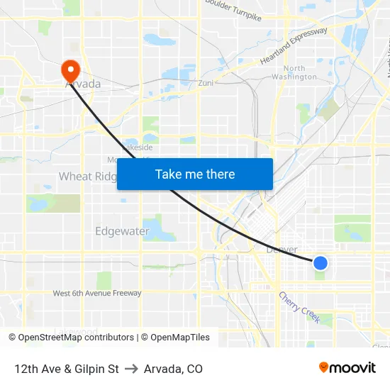 12th Ave & Gilpin St to Arvada, CO map