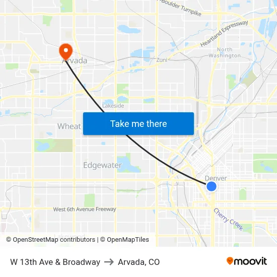 W 13th Ave & Broadway to Arvada, CO map