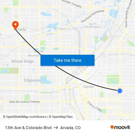 13th Ave & Colorado Blvd to Arvada, CO map