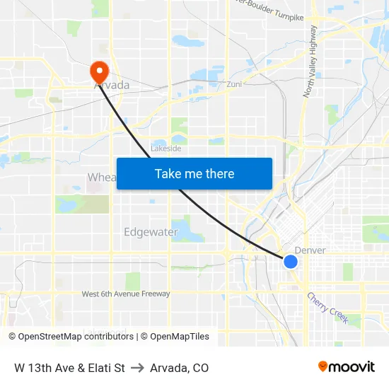 W 13th Ave & Elati St to Arvada, CO map