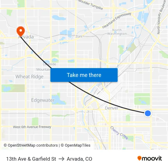 13th Ave & Garfield St to Arvada, CO map