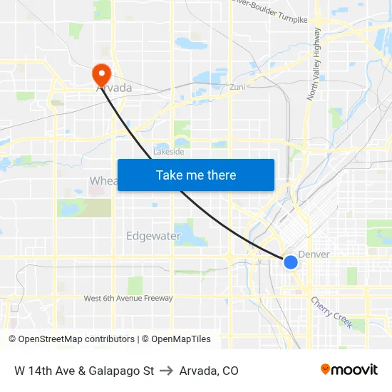 W 14th Ave & Galapago St to Arvada, CO map