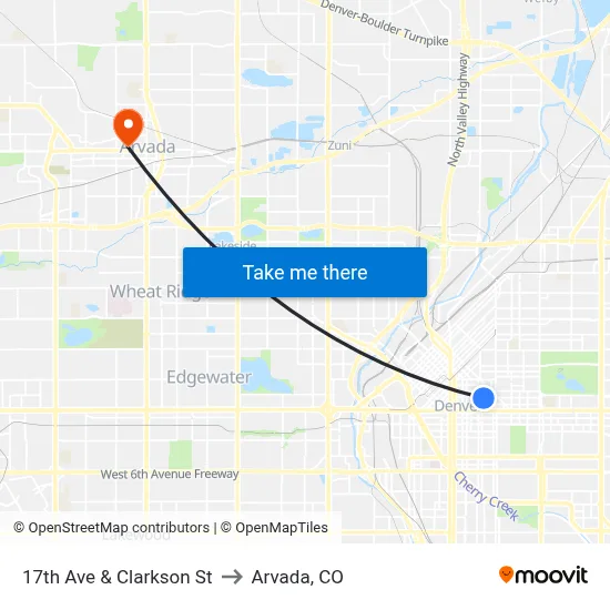 17th Ave & Clarkson St to Arvada, CO map