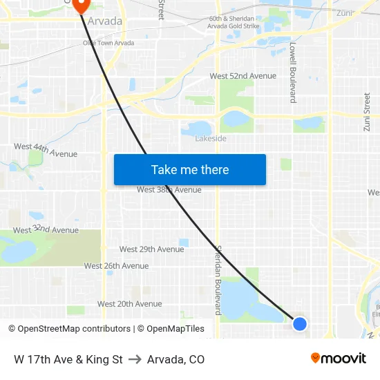 W 17th Ave & King St to Arvada, CO map