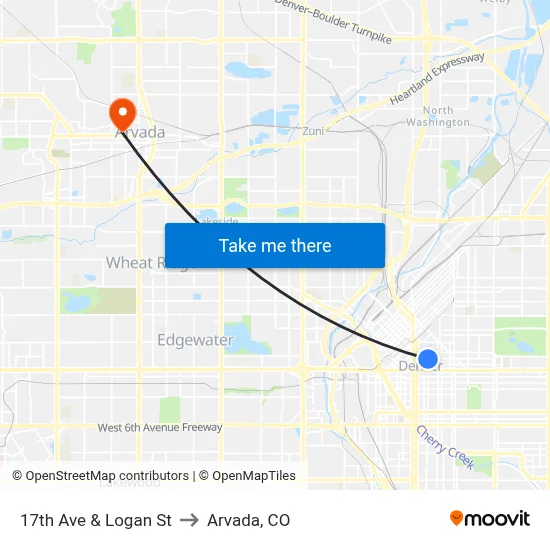 17th Ave & Logan St to Arvada, CO map