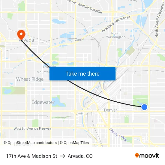 17th Ave & Madison St to Arvada, CO map