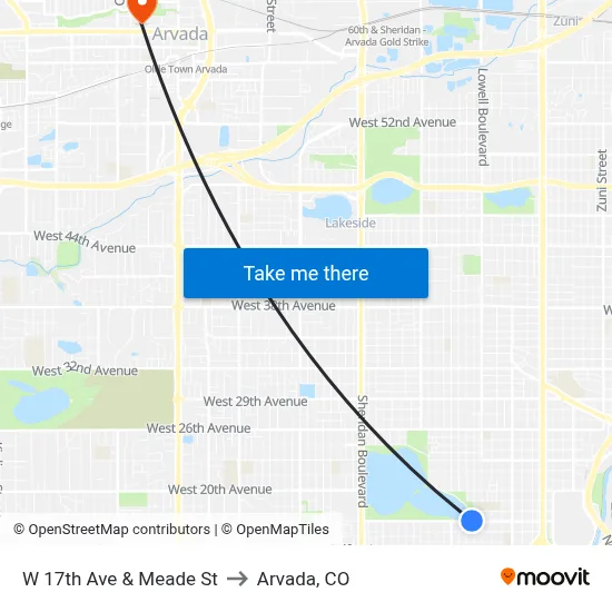 W 17th Ave & Meade St to Arvada, CO map