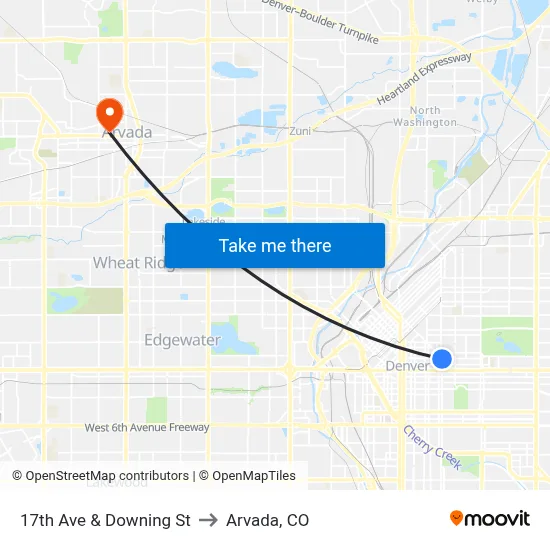 17th Ave & Downing St to Arvada, CO map