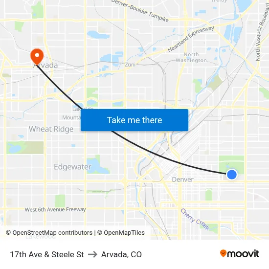 17th Ave & Steele St to Arvada, CO map