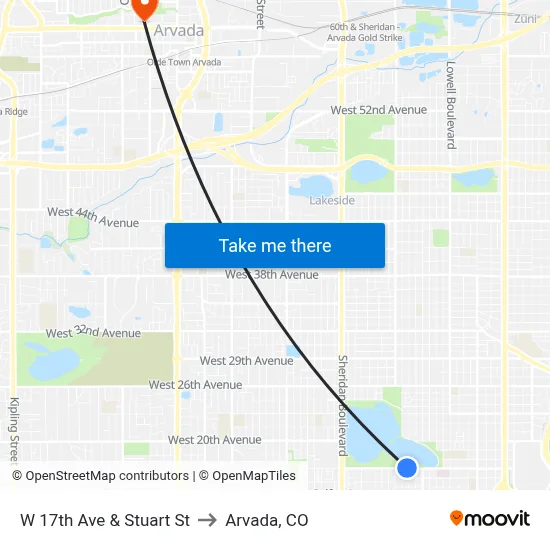 W 17th Ave & Stuart St to Arvada, CO map
