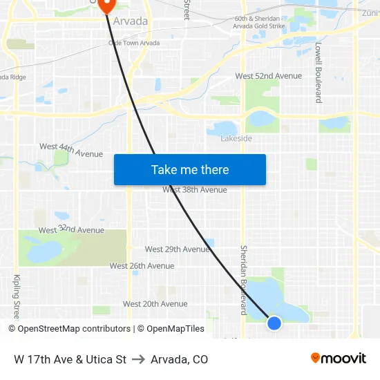W 17th Ave & Utica St to Arvada, CO map