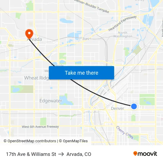 17th Ave & Williams St to Arvada, CO map