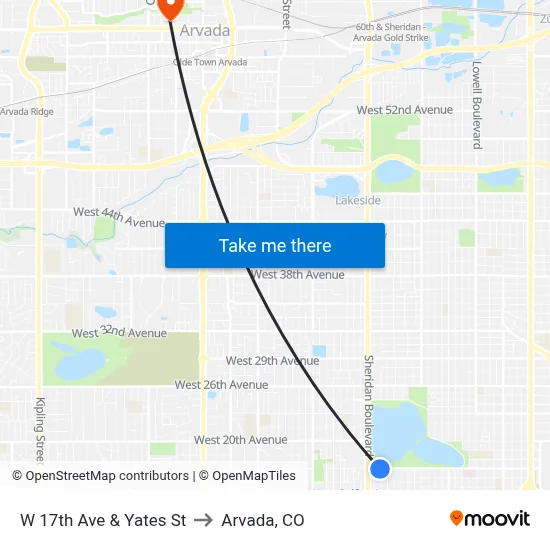 W 17th Ave & Yates St to Arvada, CO map