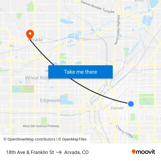 18th Ave & Franklin St to Arvada, CO map