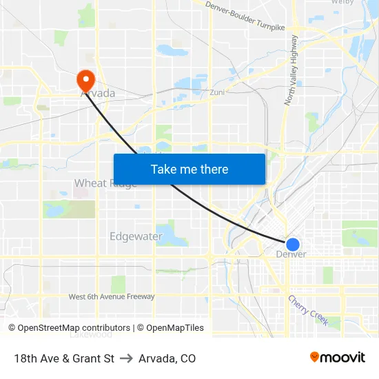 18th Ave & Grant St to Arvada, CO map