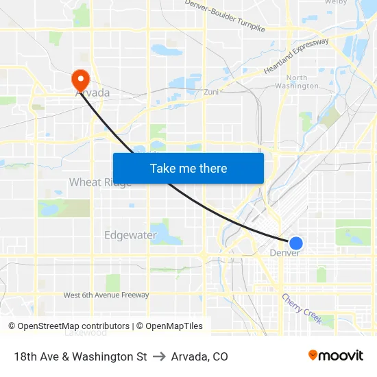 18th Ave & Washington St to Arvada, CO map