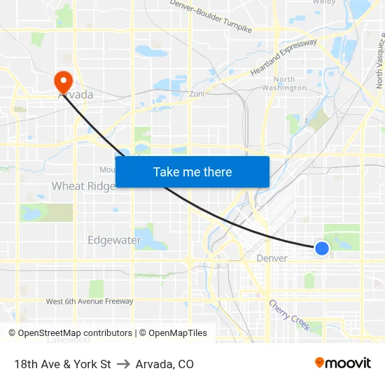 18th Ave & York St to Arvada, CO map