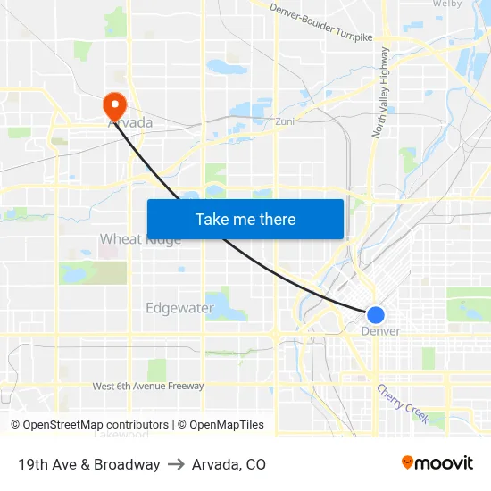 19th Ave & Broadway to Arvada, CO map