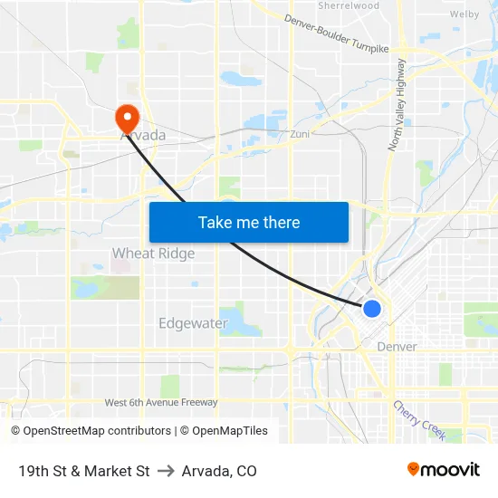 19th St & Market St to Arvada, CO map