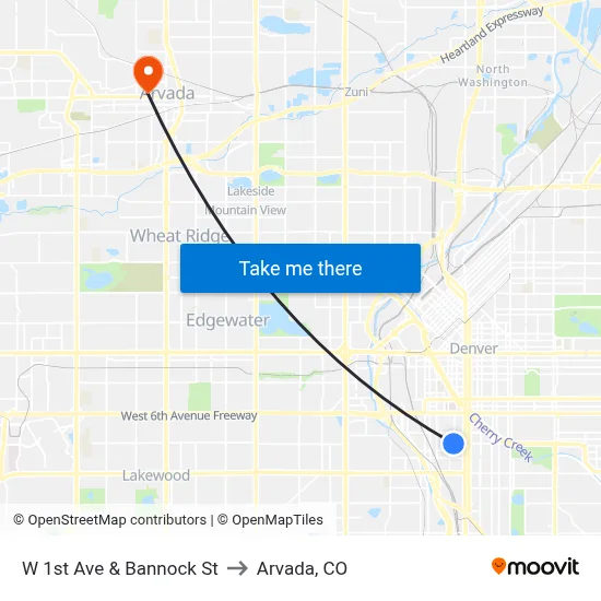W 1st Ave & Bannock St to Arvada, CO map