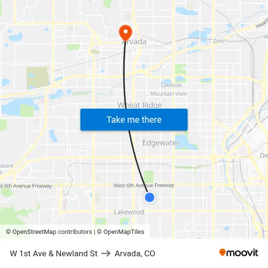 W 1st Ave & Newland St to Arvada, CO map