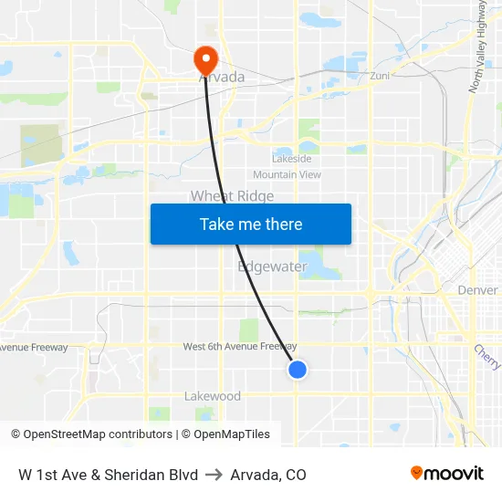 W 1st Ave & Sheridan Blvd to Arvada, CO map