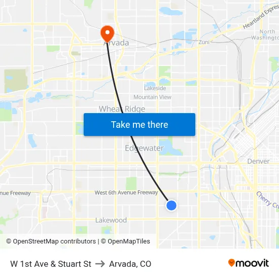 W 1st Ave & Stuart St to Arvada, CO map
