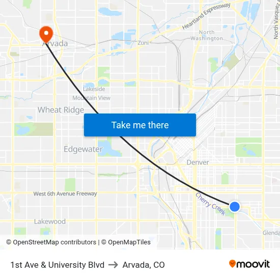 1st Ave & University Blvd to Arvada, CO map