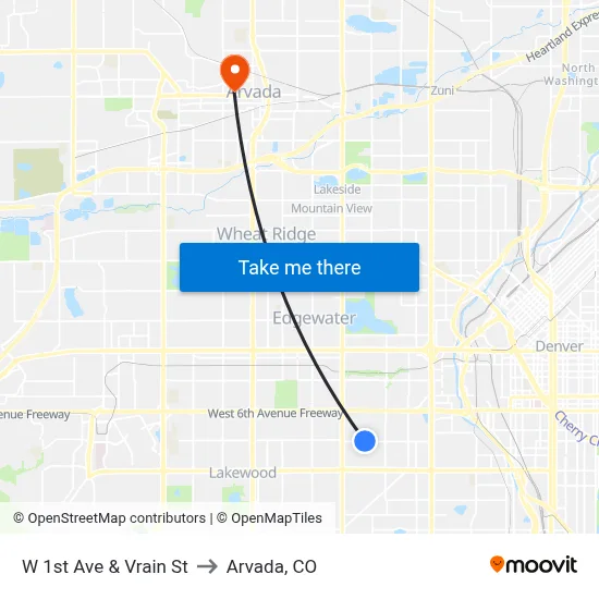 W 1st Ave & Vrain St to Arvada, CO map
