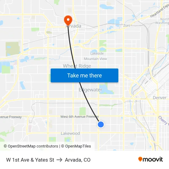 W 1st Ave & Yates St to Arvada, CO map