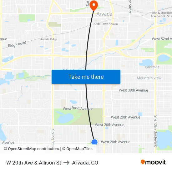 W 20th Ave & Allison St to Arvada, CO map