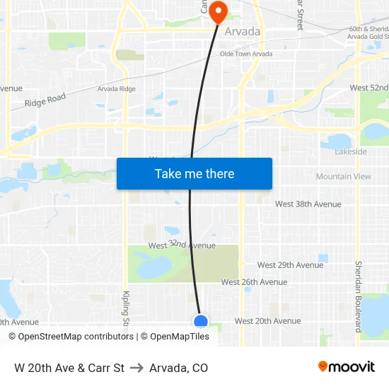 W 20th Ave & Carr St to Arvada, CO map