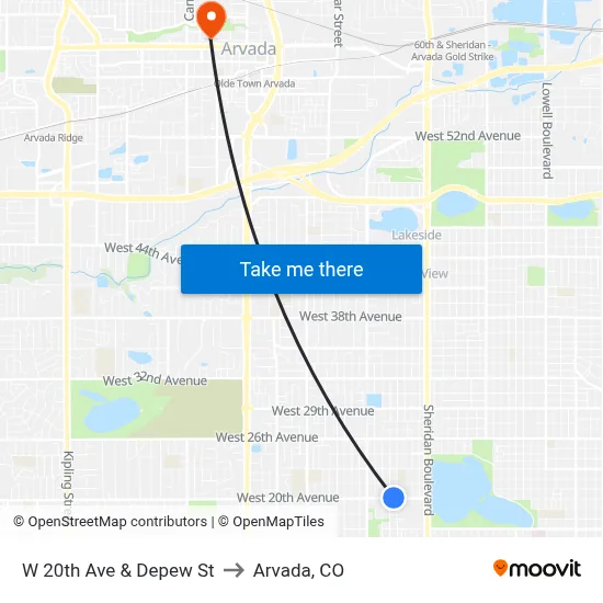 W 20th Ave & Depew St to Arvada, CO map