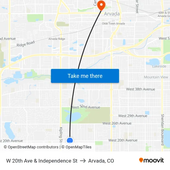 W 20th Ave & Independence St to Arvada, CO map