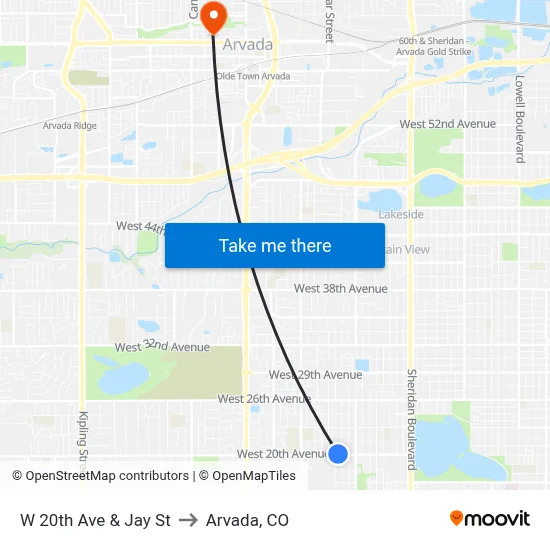 W 20th Ave & Jay St to Arvada, CO map