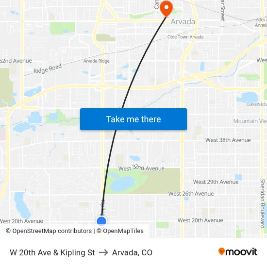 W 20th Ave & Kipling St to Arvada, CO map