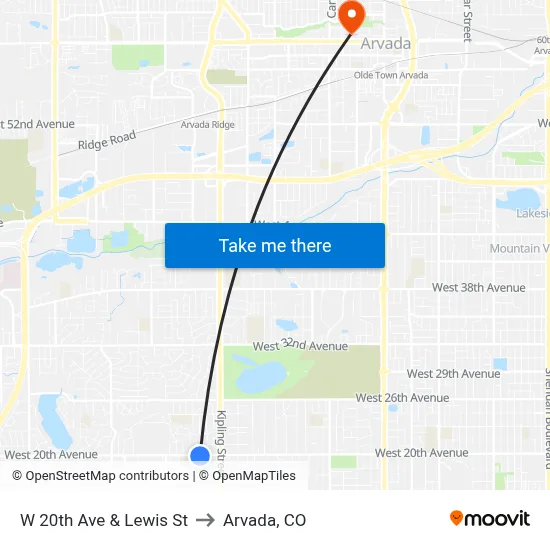 W 20th Ave & Lewis St to Arvada, CO map