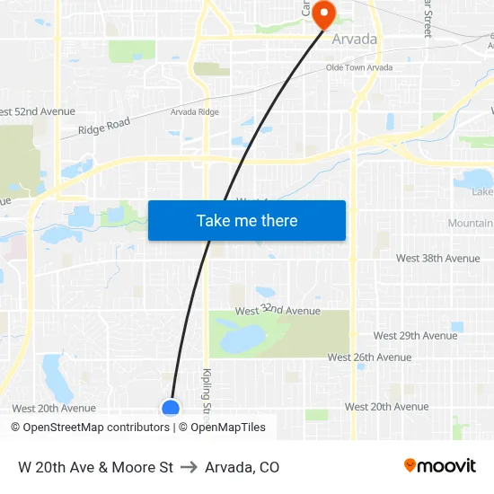W 20th Ave & Moore St to Arvada, CO map