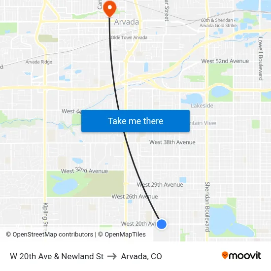 W 20th Ave & Newland St to Arvada, CO map