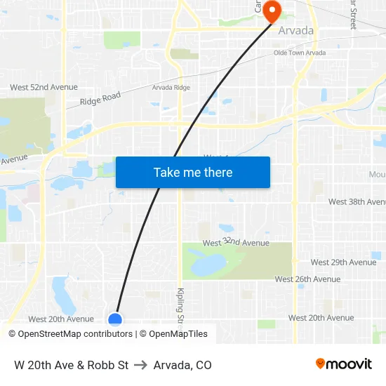W 20th Ave & Robb St to Arvada, CO map