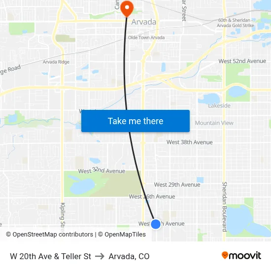 W 20th Ave & Teller St to Arvada, CO map