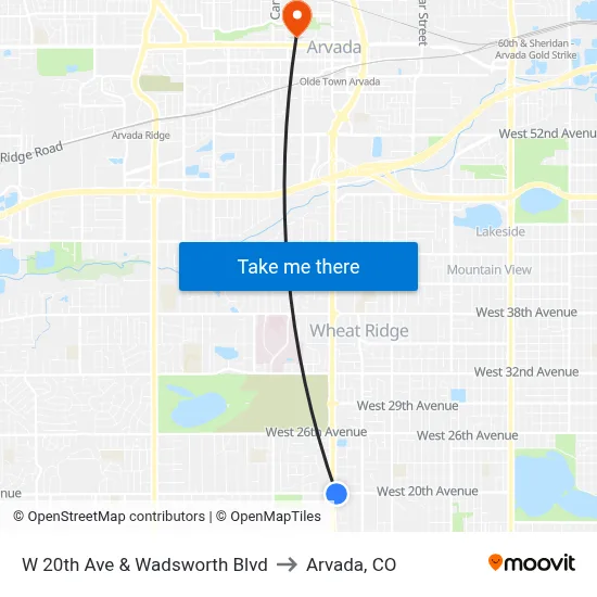 W 20th Ave & Wadsworth Blvd to Arvada, CO map