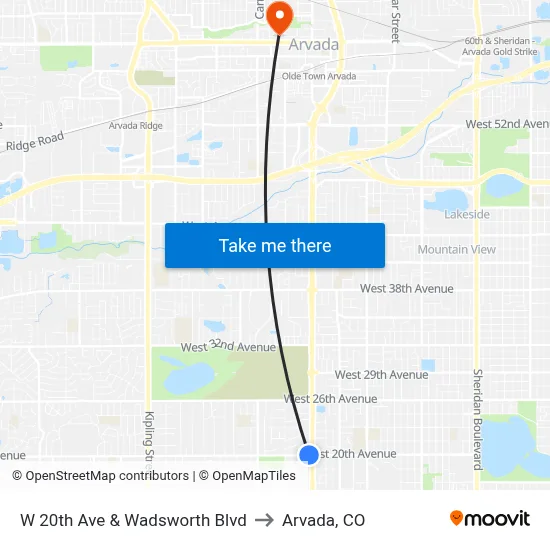 W 20th Ave & Wadsworth Blvd to Arvada, CO map