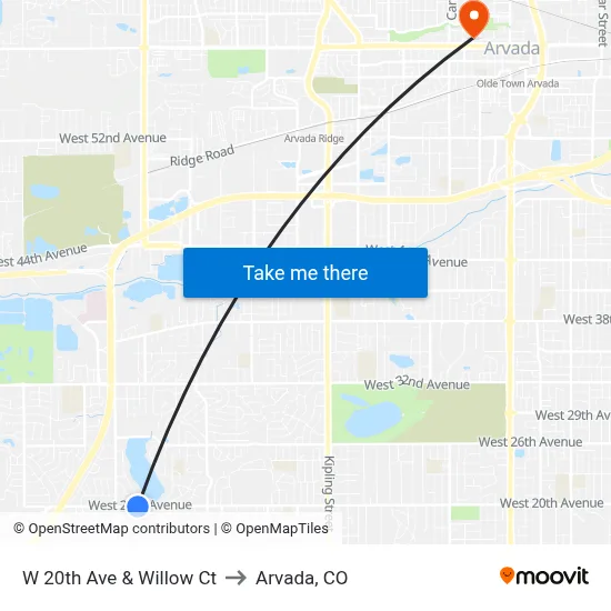 W 20th Ave & Willow Ct to Arvada, CO map