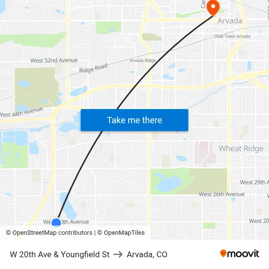 W 20th Ave & Youngfield St to Arvada, CO map