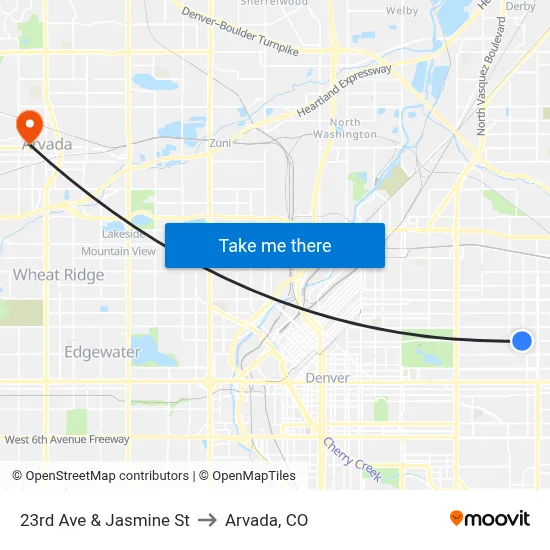 23rd Ave & Jasmine St to Arvada, CO map
